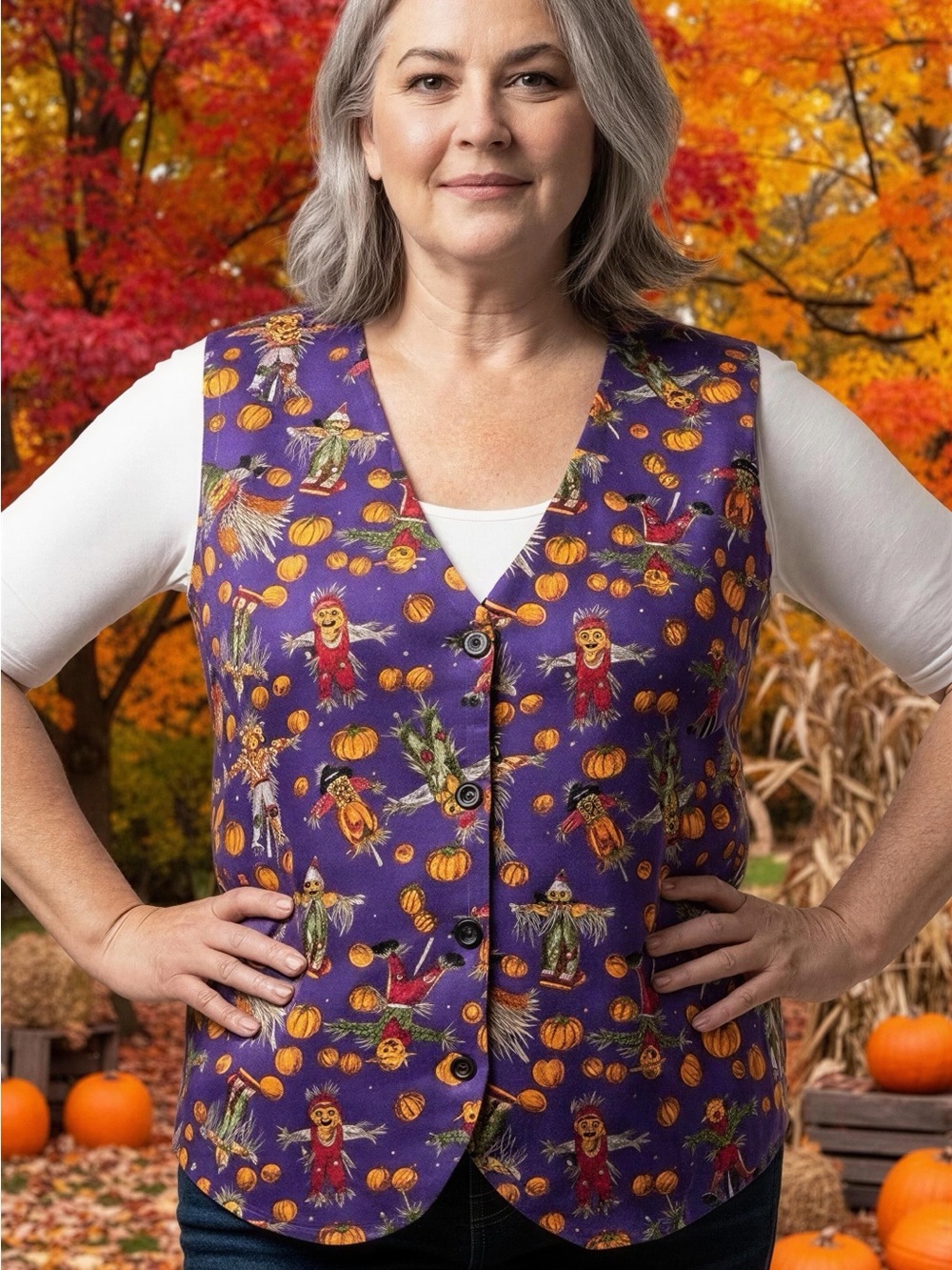 111 Main Vintage Purple Halloween Pumpkin Print Women's Vest -- 2XL